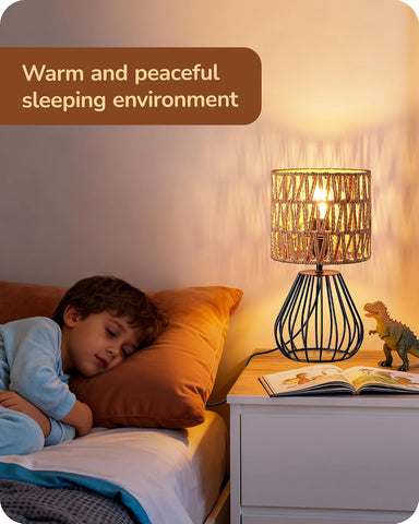EDISHINE Boho Rattan Table Lamp with Handwoven Paper Shade – 4W E27 LED Bulb, Warm 2700K Bedside & Living Room Table Light