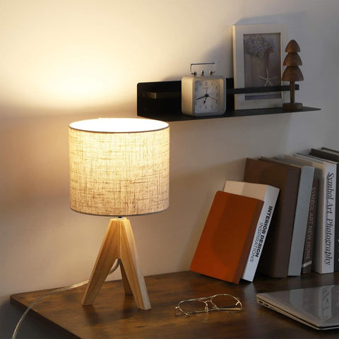 EDISHINE 36cm Wooden Bedside Table Lamp with Beige Linen Lampshade – Tripod Desk Lamp with E27 Base, On-Off Switch & 4W LED Bulb for Bedroom, Living Room, Study & Office