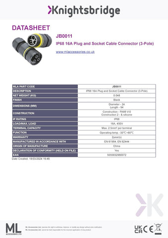 Knightsbridge JB0011 Weatherproof IP68 (@2bar) Plug and Socket Inline Cable Connector, 3-Pole, rated to 16 A,Black