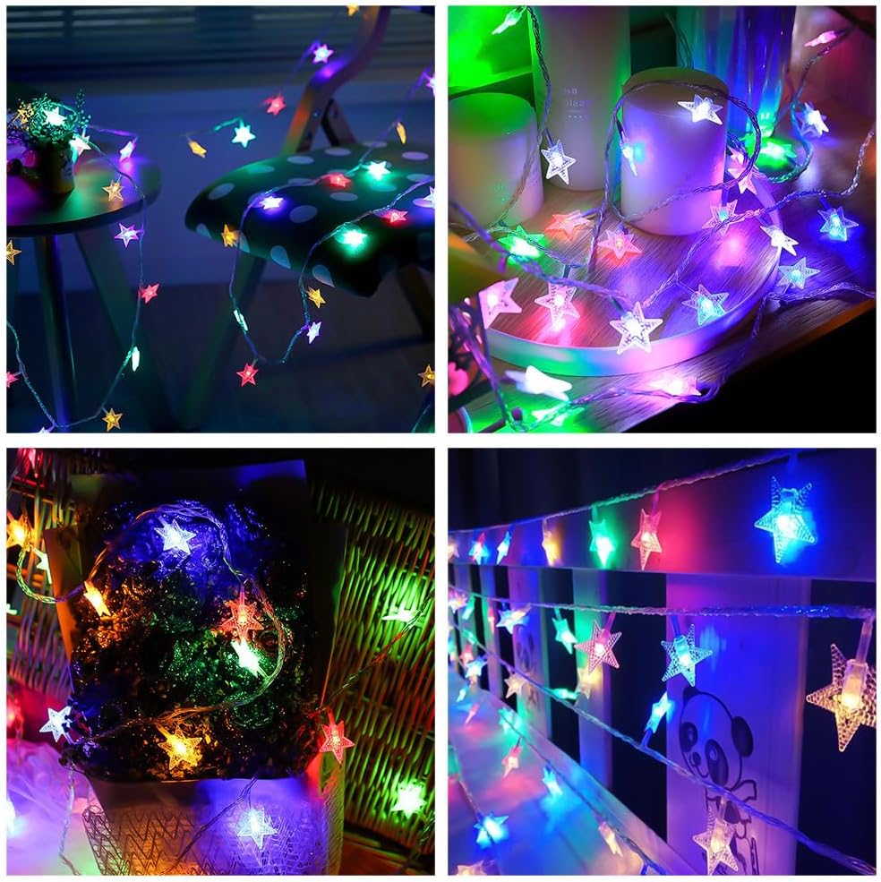 Collage of colorful star-shaped string lights in various settings.