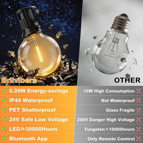 Brilvibera 23.5M G40 Outdoor Festoon Lights – Mains Powered Garden String Lights with App & Remote Control, Dimmable 2700K Warm White LED Bulbs for Patio, Garden, Wedding & Parties