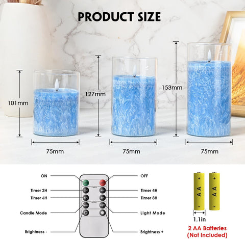 Blue Glass Flameless LED Pillar Candles with Real Wax Center, Flickering Light, Remote Control & Timer