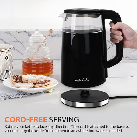 Swoden 1.7L Electric Kettle with Temperature Control, Digital Display, Double-Walled Glass, 2200W, Keep Warm – Black