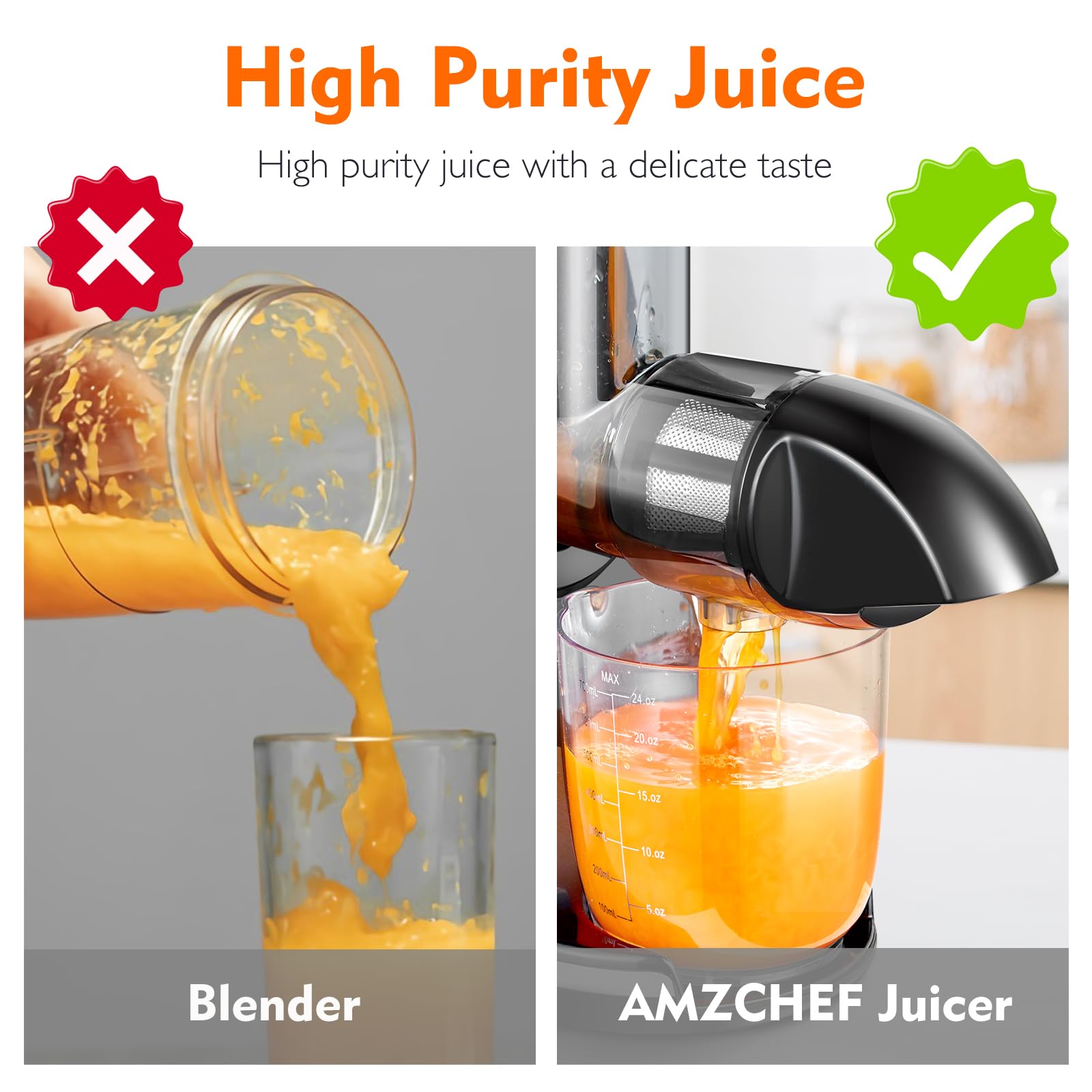 AMZCHEF Juicer Machines - Cold Press Slow Juicer - Masticating Juicer for Whole Fruits and Vegetables - Delicate Chew No Need to Filter - BPA Free Juice Extractor with 2 Cups and Brush - Black