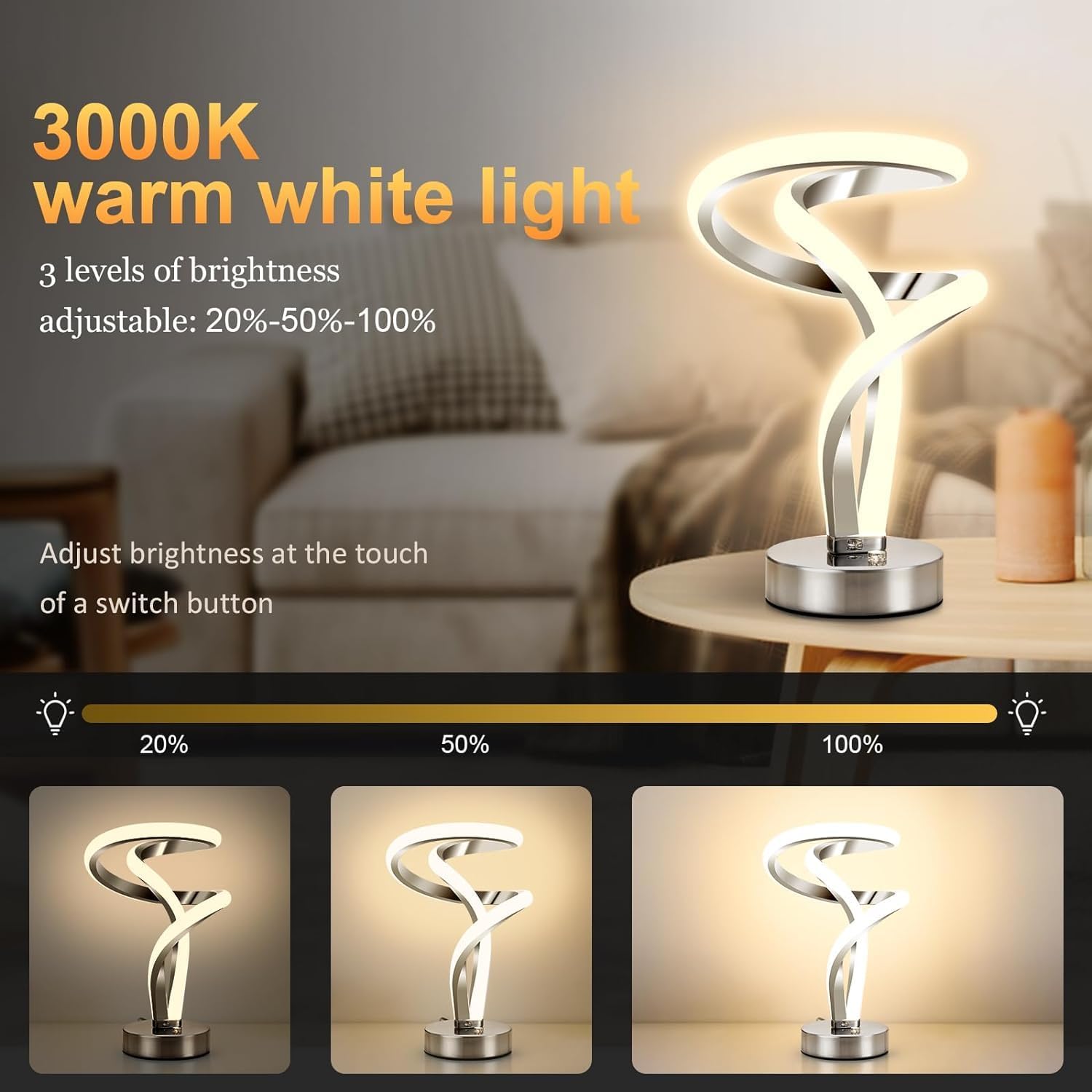 Modern table lamp with adjustable brightness in a home setting