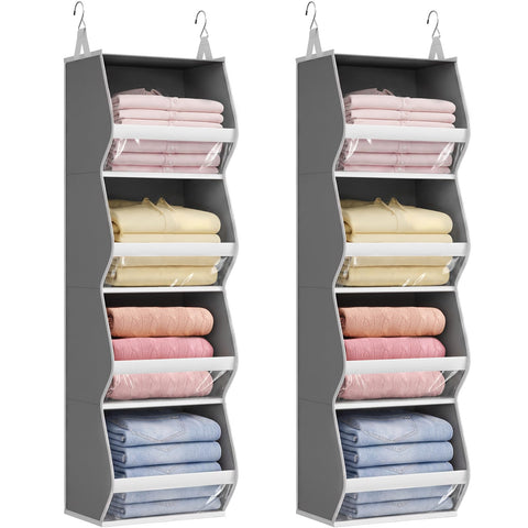Lifewit 4-Tier Hanging Wardrobe Storage Organiser – Grey Foldable Closet Shelves with Clear PVC Window