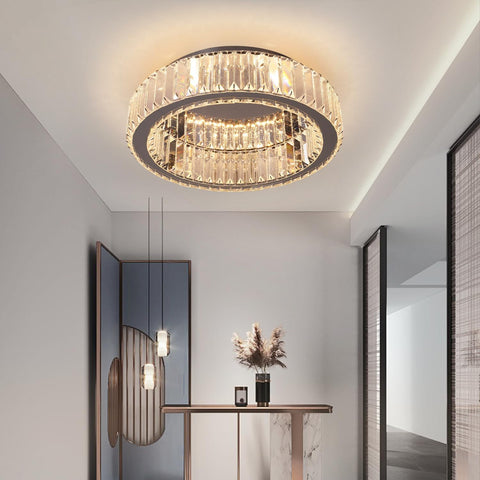 Modern Crystal Ceiling Light LED Chandelier Flush Mount with Remote
