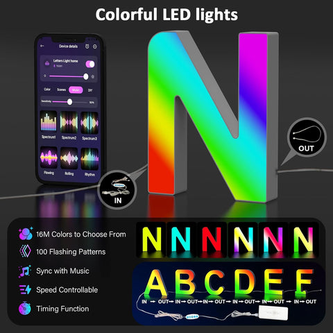 LED Light Up Letter N – USB Colour Changing Night Light with APP, Gift for Girls, Teens, Mum, Bedroom Decor, Wall/Table Display, Birthday & Christmas