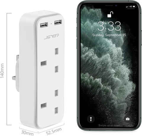 JSVER Double Plug Adaptor with 2 USB Ports – 13A White 2-Way UK 3-Pin Socket Adapter with 2.4A USB Charging for Home & Office – Make One Wall Socket Work Harder for Your Everyday Essentials