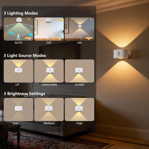 Motion Sensor Light with Rechargeable Battery Touch Control 3 Brightness Levels Wall Sconces 360° Free Rotation Mordern Dimmable for Living Room Bedrooms White