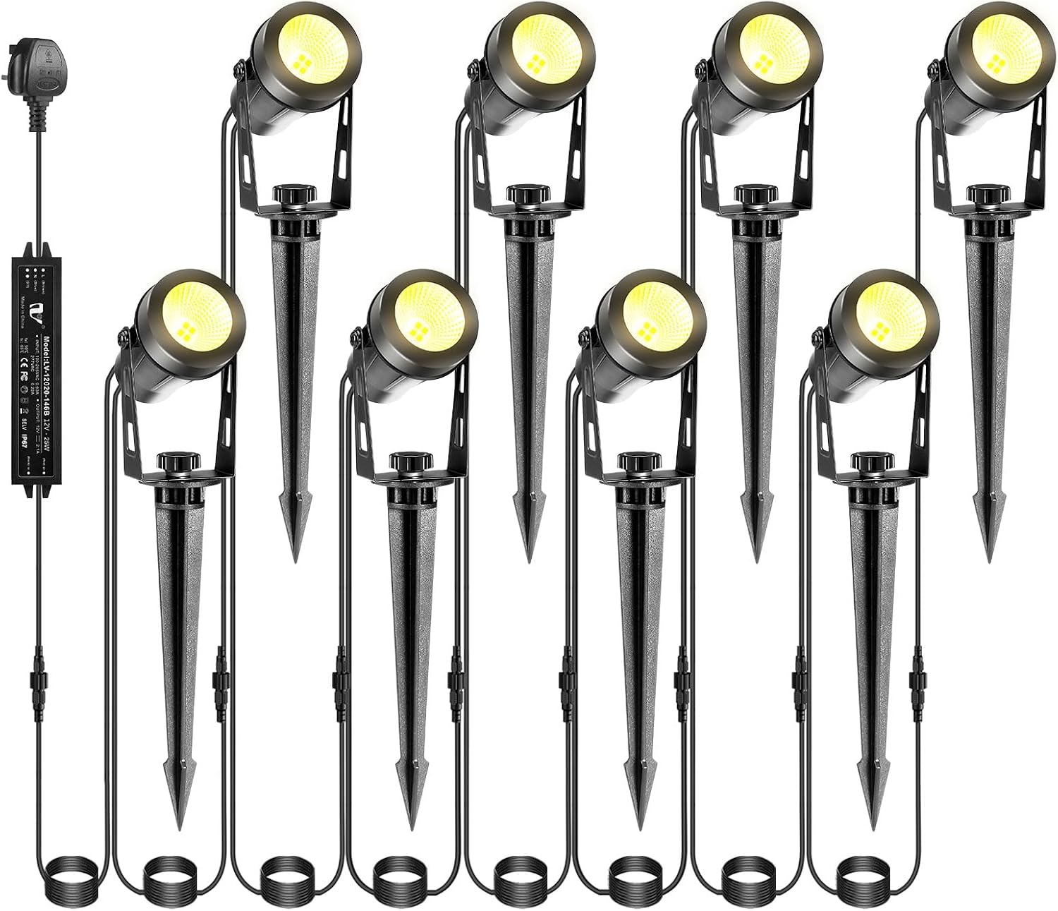 8-1 Garden Spike Lights, 12V Low Voltage LED Garden Spot Lights, 27M Outdoor Spotlights Mains Powered, IP65 Waterproof Plug-in Landscape Lights for Lawn, Pathway, Yard, Patio (Warm White)