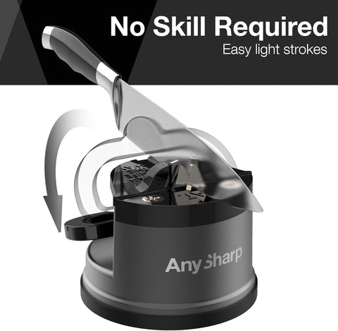 AnySharp Pro Metal Knife Sharpener – Hands-Free PowerGrip Suction | Sharpens All Knives | Hardened Steel & Serrated | Matte Grey