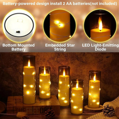 Flickering Flameless LED Candles with String Lights, Battery Operated Electric Candle Set of 5 with Remote Control & 24-Hour Timer for Home & Holiday Décor (Grey)