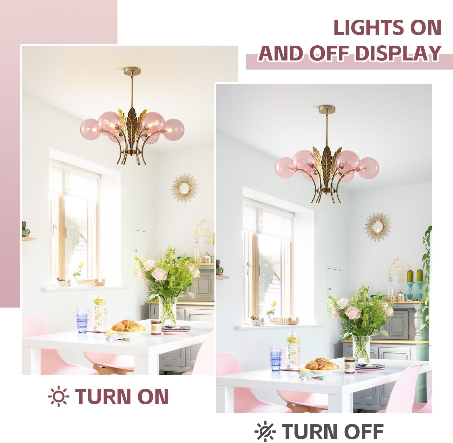 Chandelier with pink glass shades in a dining room setting, showing lights on and off.