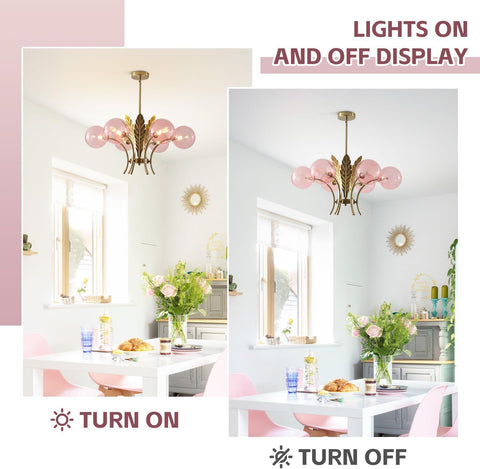 Chandelier with pink glass shades in a dining room setting, showing lights on and off.
