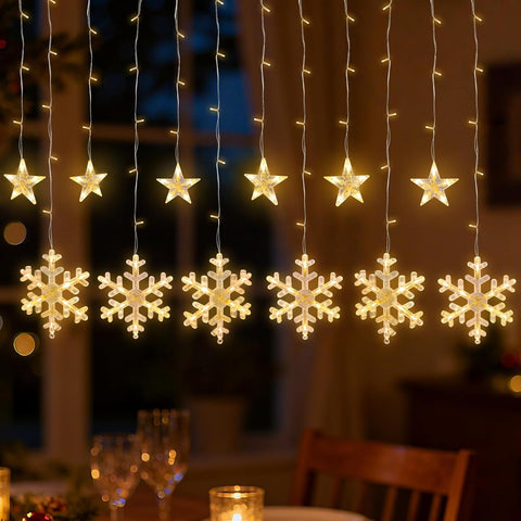 Christmas Window Curtain Lights 3.5M, 138 LED Stars & Snowflake Fairy String Lights with 8 Flashing Modes, USB & Battery Operated Warm White Christmas Tree & Wedding Decor