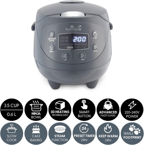 Yum Asia Panda Mini Rice Cooker – 0.63L Ninja Ceramic Bowl, Fuzzy Logic, 8 Cooking Functions, LED Display, 220-240V