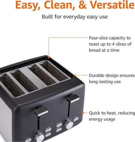 4 Slice Toaster 1500W – Extra Wide Slots, 7 Shade Settings, Removable Crumb Tray, High Lift, Black – UK