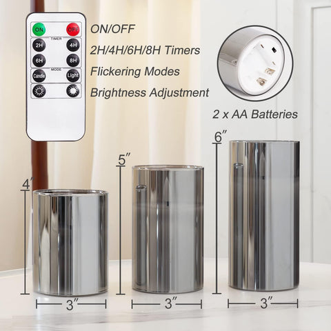 Real Wax LED Candles Flickering, Clear Glass Shell, Grey, Set of 3 500+ Hours Long Lasting Gothic Battery Operated Candles with Remote Control, Timer and Realistic 3D Wick for Halloween Party