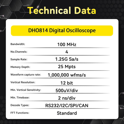 RIGOL DHO814 Portable Digital Oscilloscope, 100MHz Bandwidth, 4 Analogue Channels, 12bit Vertical Resolution, Low Noise Floor, Mobile Power Supply Supportable