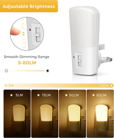 Adjustable brightness night light with dimming range indicator on a white background