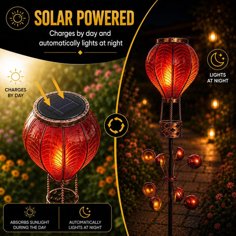 Festive Lights 1.15m Red Solar Hot Air Balloon Wind Spinner Stake Light – 20 Amber LED Flickering Flame Effect Garden Ornament, IP44 Weather Resistant Outdoor Lighting