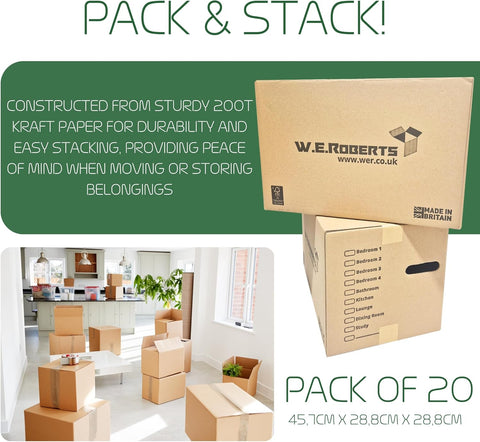 W.E. Roberts Strong Large Cardboard Moving House Boxes 45.7cm x 30.5cm x 25.4cm with Carry Handles and Room List Manufactured in the UK from FSC acredited materials. (15)