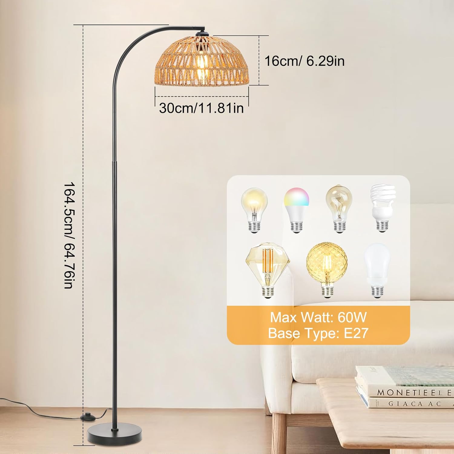 Floor lamp with dimensions and light bulb options on a neutral background