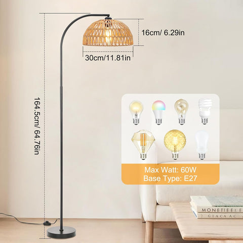 Floor lamp with dimensions and light bulb options on a neutral background