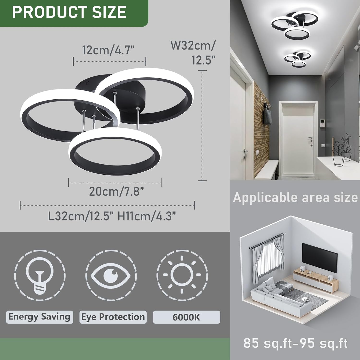 Ceiling light fixture with dimensions and application area shown in a lifestyle setting.