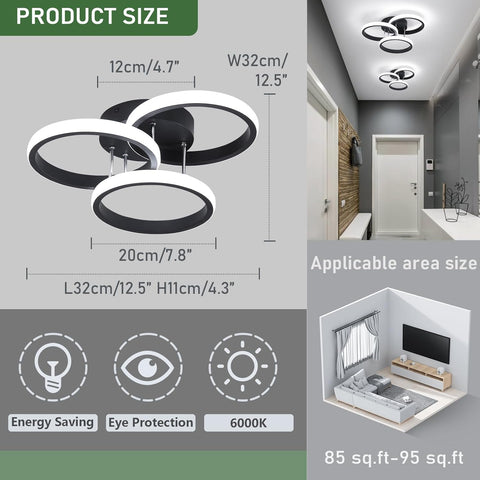 Ceiling light fixture with dimensions and application area shown in a lifestyle setting.