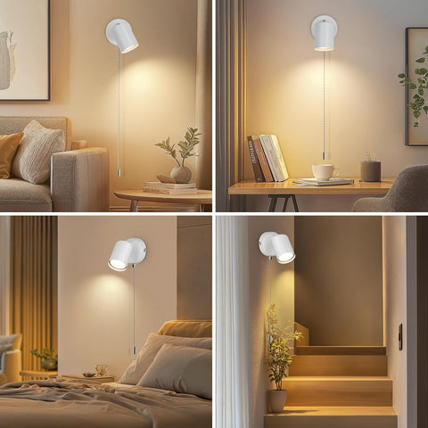 Modern Adjustable Indoor Wall Lamp - with Pull Cord Switch - White Wall Spotlight Fixtures - Wall Sconces for Bedroom Bedside Hallway - Bulb Not Included