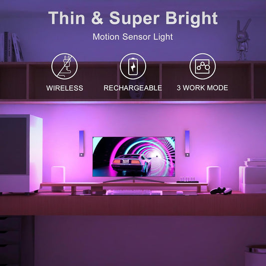 23CM Under Cabinet Lights RGB Wireless LED Light Bar Colourful Motion Sensor Light with Dimmable White Light Rechargeable LED Strip Lights for Home Decor Computer Games Room Bedroom Party