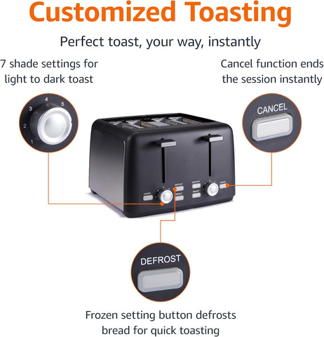 4 Slice Toaster 1500W – Extra Wide Slots, 7 Shade Settings, Removable Crumb Tray, High Lift, Black – UK