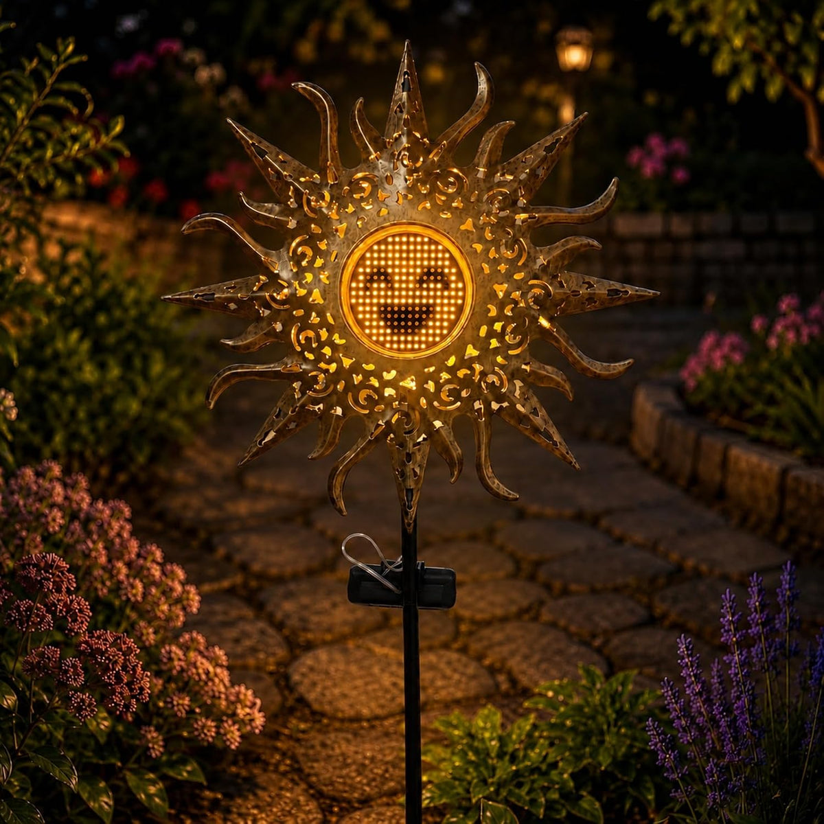 Solar Lights Outdoor Garden,Dynamic Facial Expressions Light Waterproof Sun Shape Garden Ornaments Outdoor for Patio, Yard, Pathway, Birthday Gifts for Women, Mum