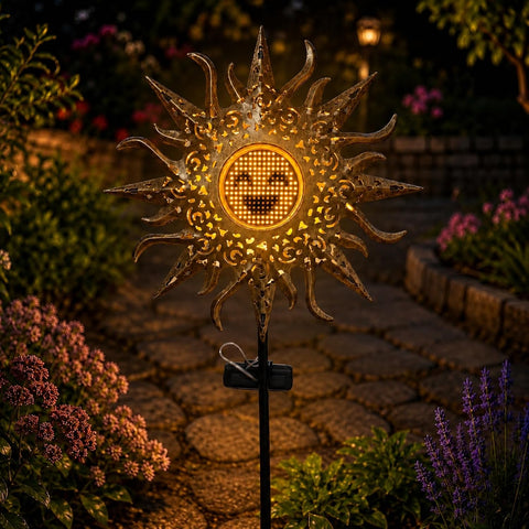 Solar Lights Outdoor Garden,Dynamic Facial Expressions Light Waterproof Sun Shape Garden Ornaments Outdoor for Patio, Yard, Pathway, Birthday Gifts for Women, Mum