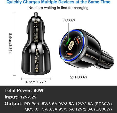 90W 3-Port USB C Fast Car Charger Adapter