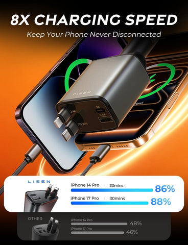 LISEN 69W Retractable Car Phone Charger USB-C Fast Charge