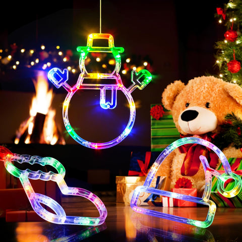 Christmas LED Window Lights Set, 3 Pack Multicolour Santa Hat, Snowman & Stocking with Suction Cups | Battery Operated Lights with Timer & Slow Fade Mode for Christmas Decoration