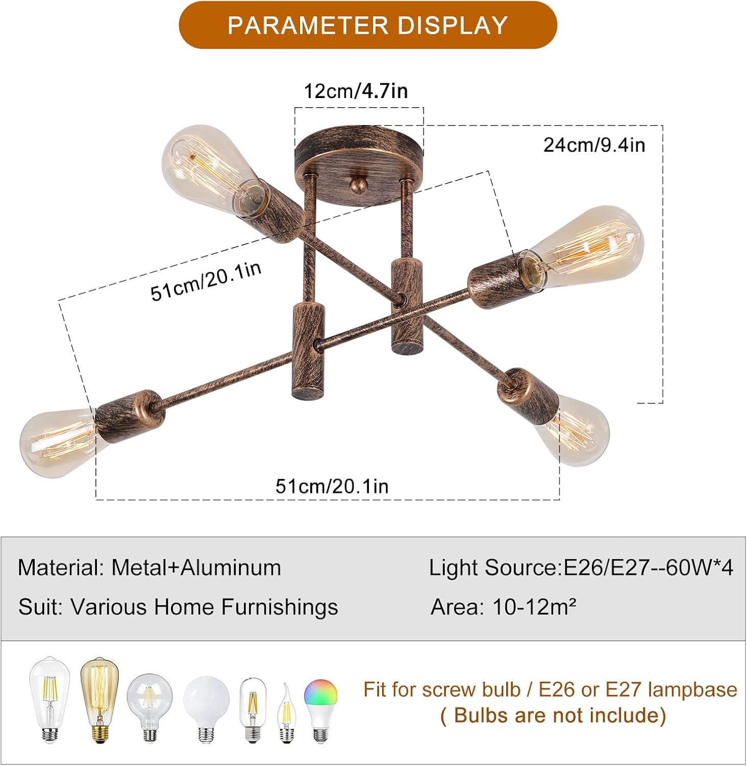 Ceiling light fixture with dimensions and bulb compatibility on a white background