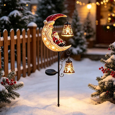 Solar Santa Claus Christmas Resin LED Moon Lights with Lantern