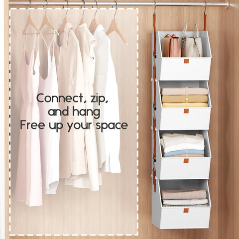 4-Tier Hanging Wardrobe Storage Organiser – Detachable Fabric Storage Bins with 8 Hooks for Clothes, Shoes & Accessories – Make Every Inch of Your Wardrobe Work Harder