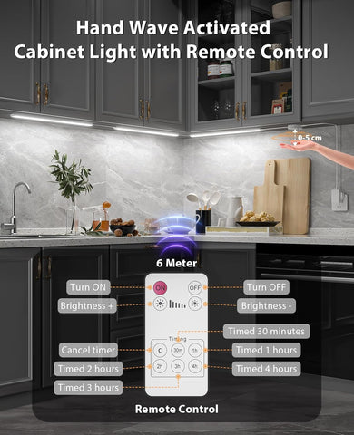 Under Cabinet LED Light Bar with Remote, Timer & Hand-Wave Control 3x30cm
