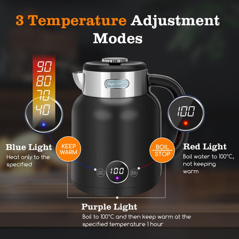 Taylor Swoden 1.7L Electric Kettle – Variable Temperature Control, LED Display, Fast Boil, Double Wall, Keep Warm, Black