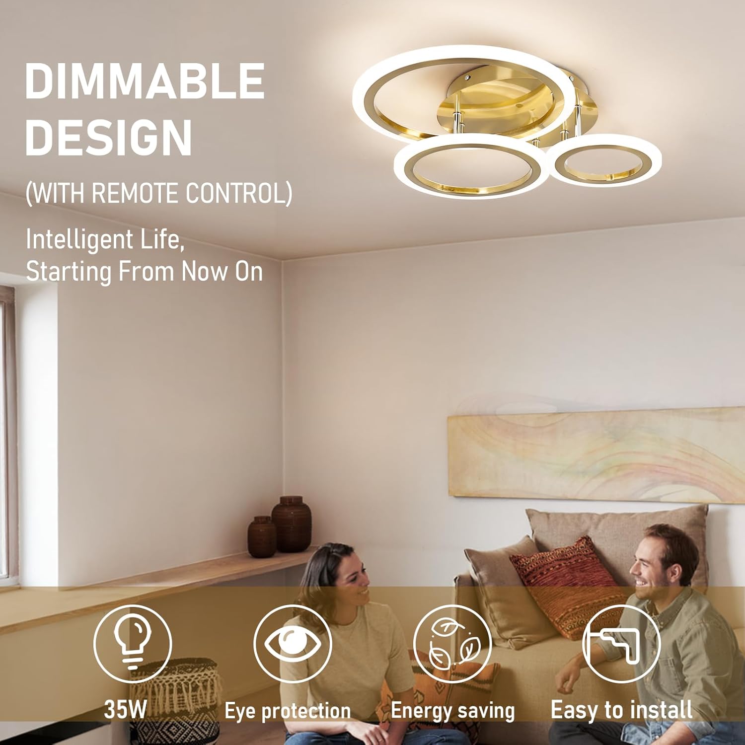 Modern living room with a ceiling light fixture, people sitting on a couch, and text about dimmable design and remote control.