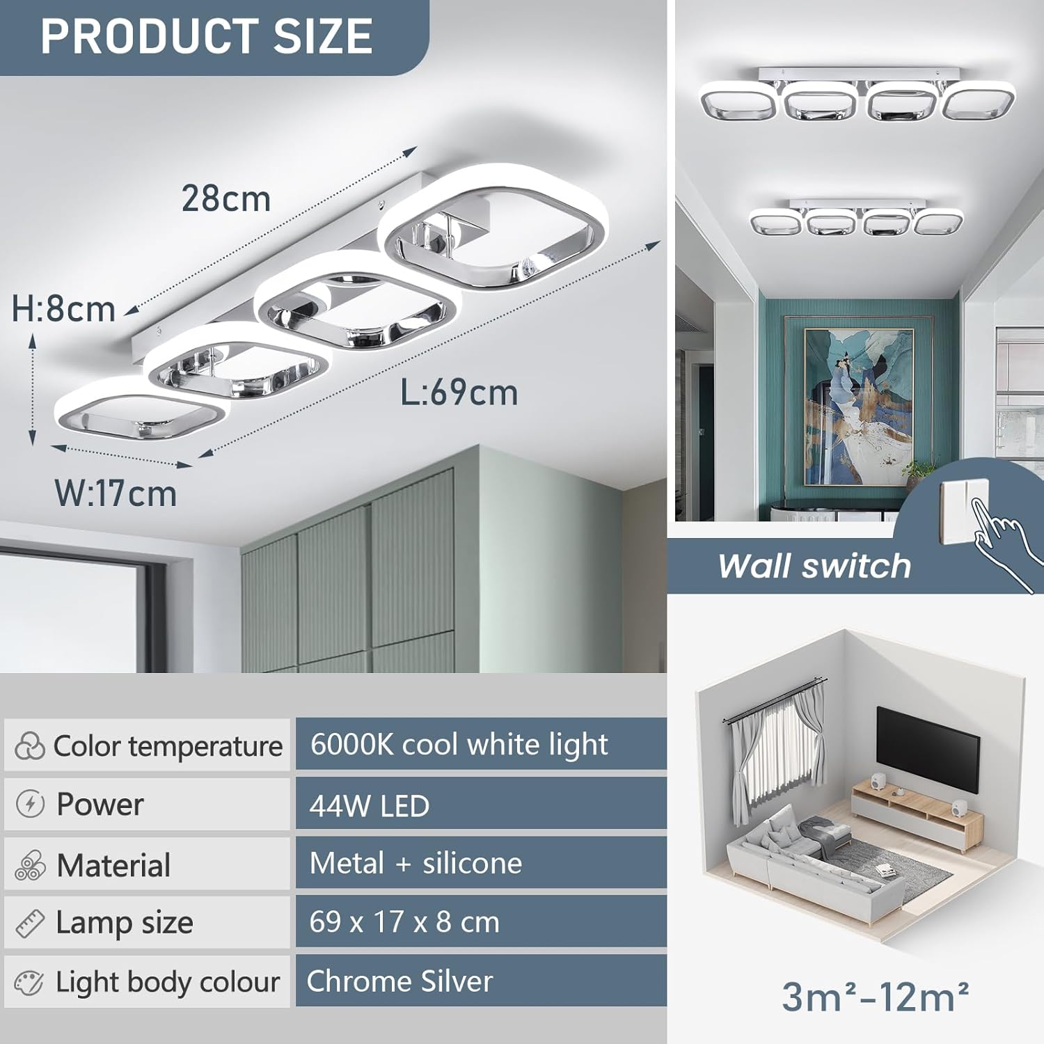 Ceiling light fixture with dimensions, color temperature, power, material, lamp size, and light body color information.