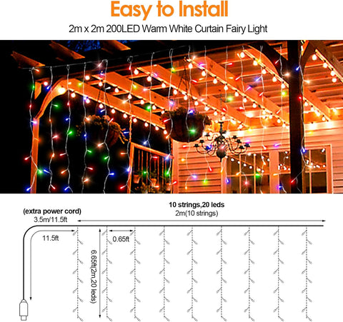 Multicoloured 200LED Curtain Fairy Lights 2Mx2M USB Remote Timer