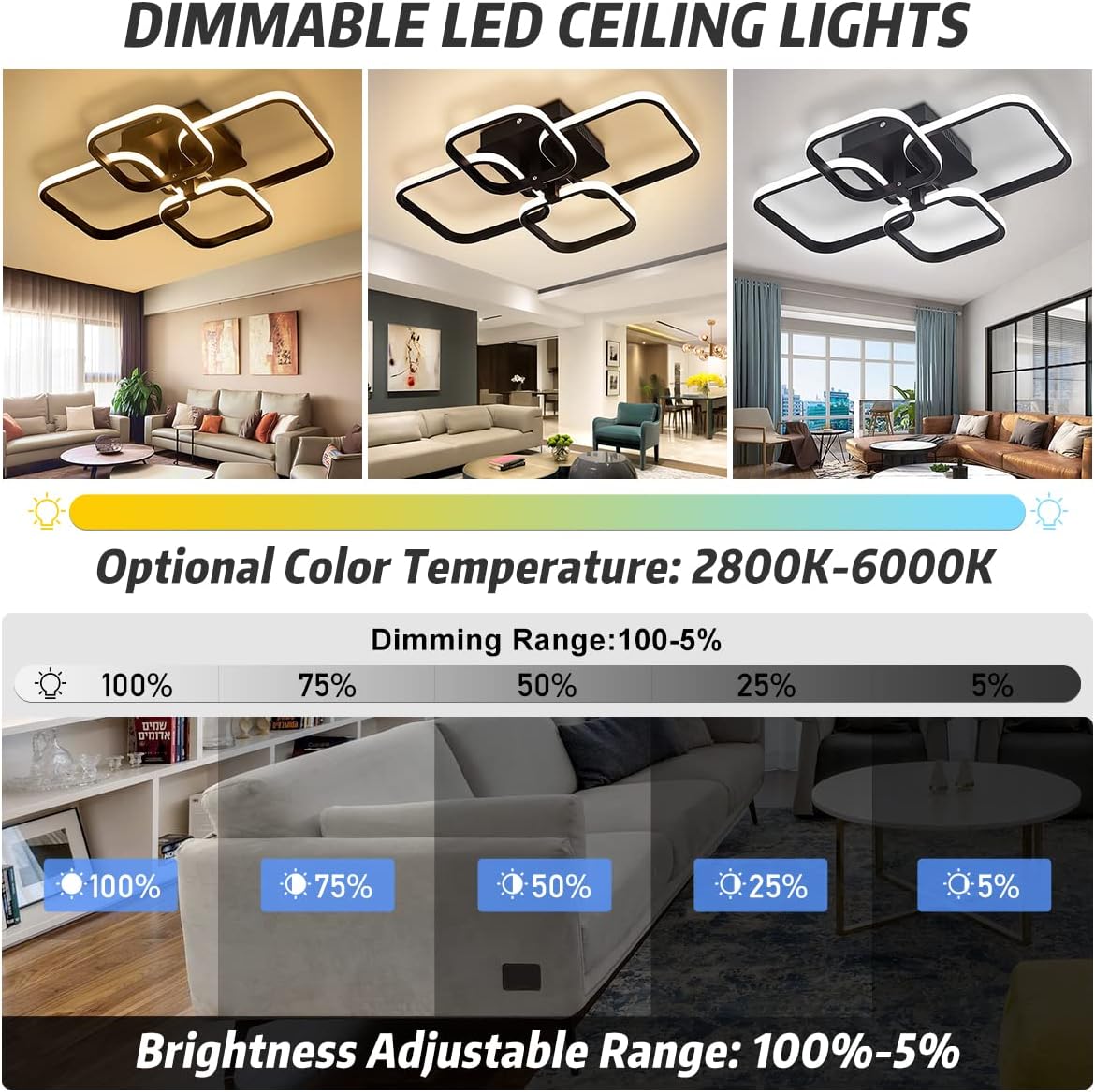Dimmable LED ceiling lights with color temperature and brightness adjustment options in a living room setting.