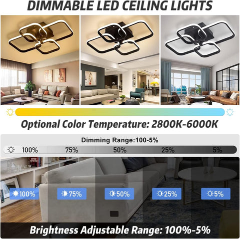 Dimmable LED ceiling lights with color temperature and brightness adjustment options in a living room setting.