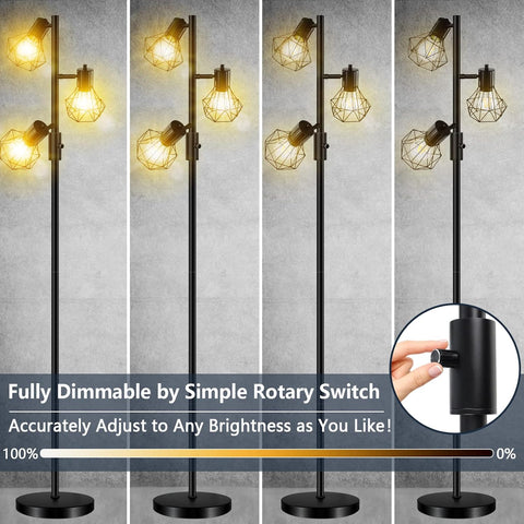 Black floor lamp with multiple light bulbs and a rotary switch on a gray background.